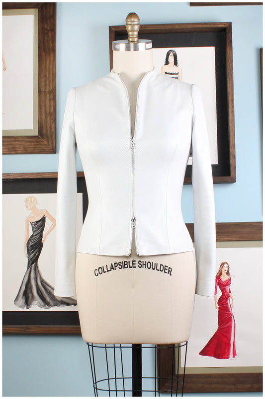 white fitted leather jacket by designer german valdivia