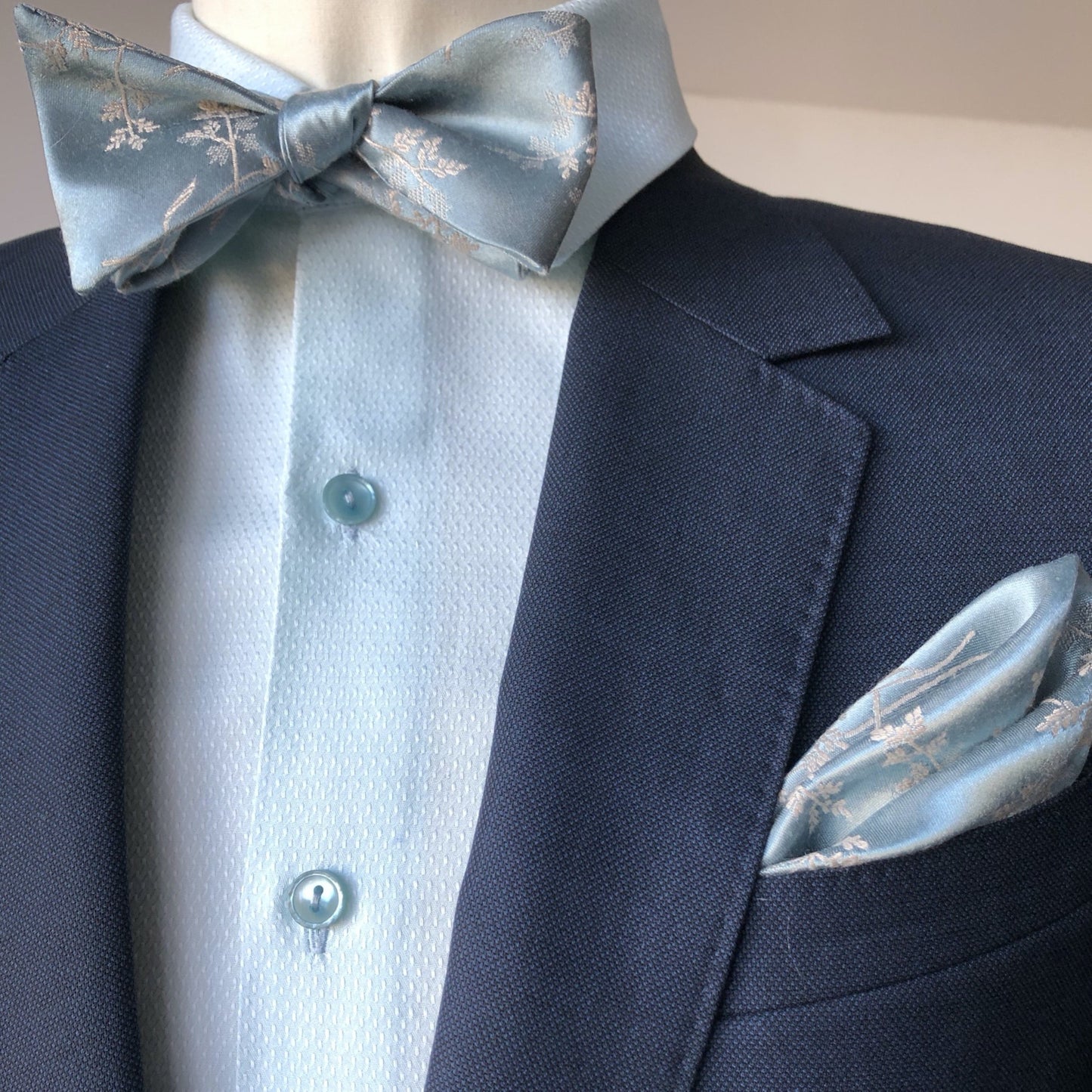 Dusty Blue Floral Self Tie Bow tie with Dusty Blue Pocket Square by German Valdivia