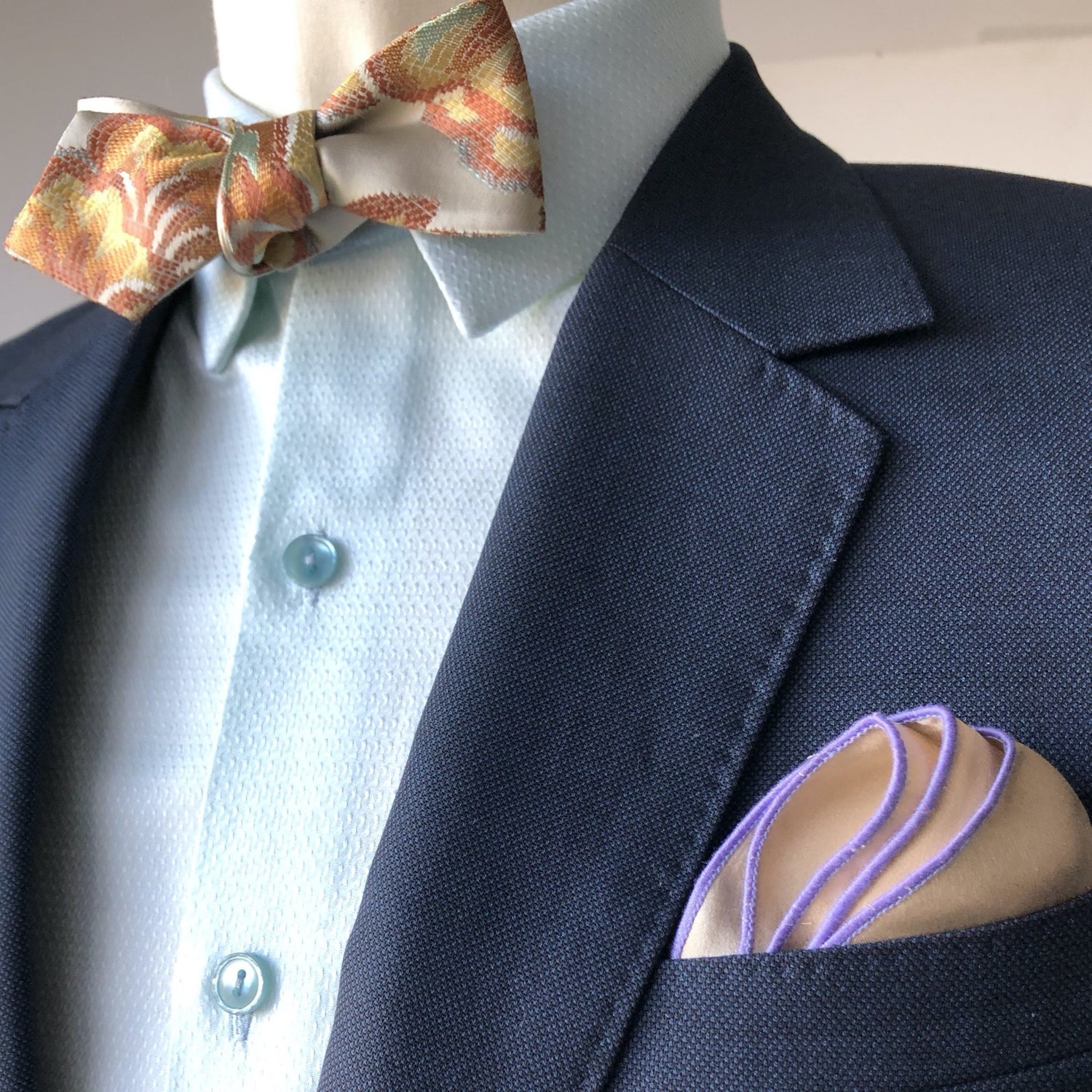 Blush Gold and Pewter Diamond Tip Bow Tie with Pewter Pocket Square by German Valdivia