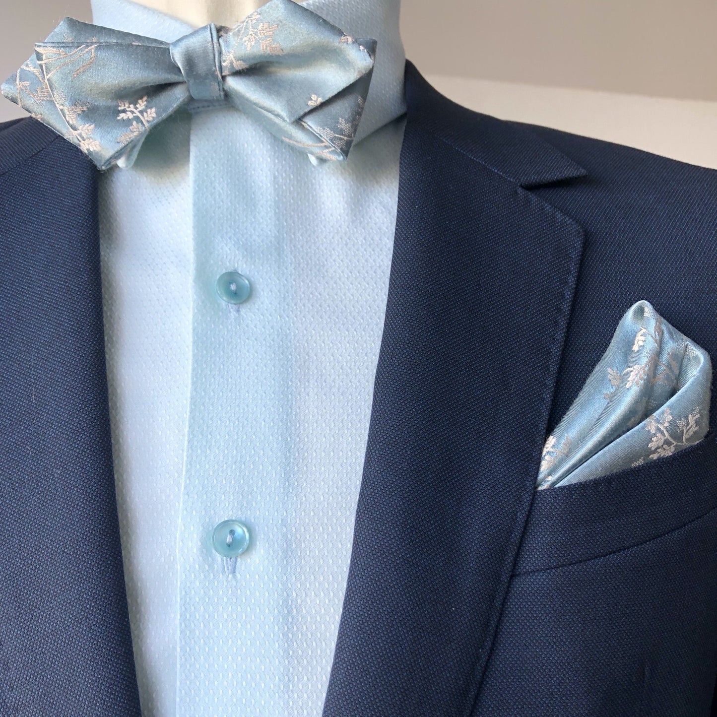 Dusty Blue Diamond Tip Bow tie with Dusty Blue Pocket Square by German Valdivia
