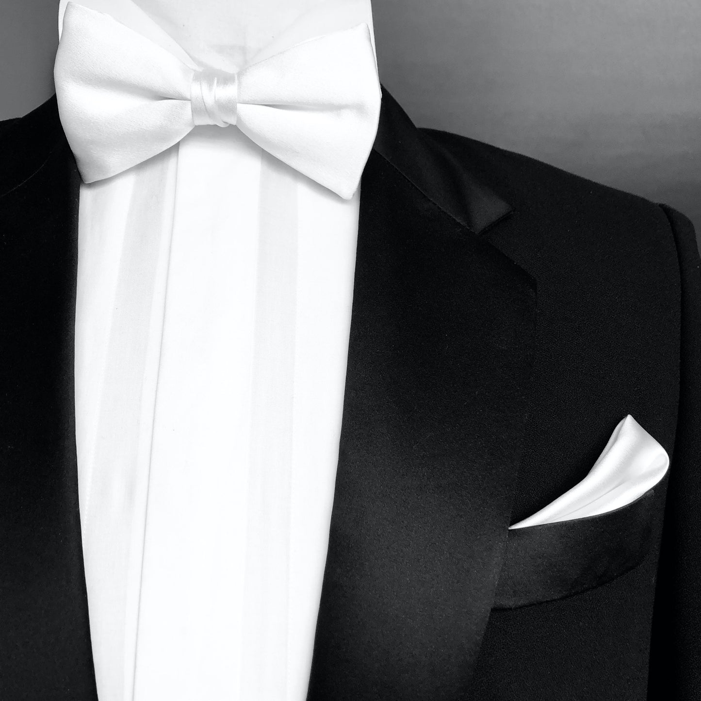 White Silk Bow Tie with White Silk Pocket Square
