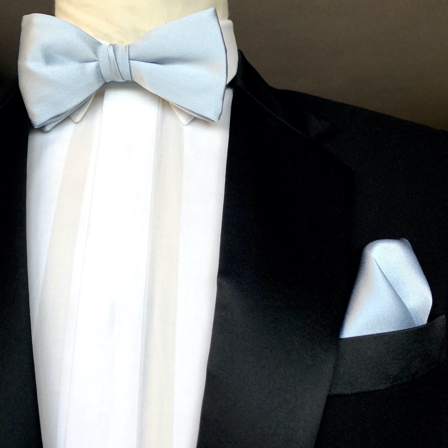 Powder Blue Silk Pre Tied Bow Tie with Powder Blue Silk Pocket Square
