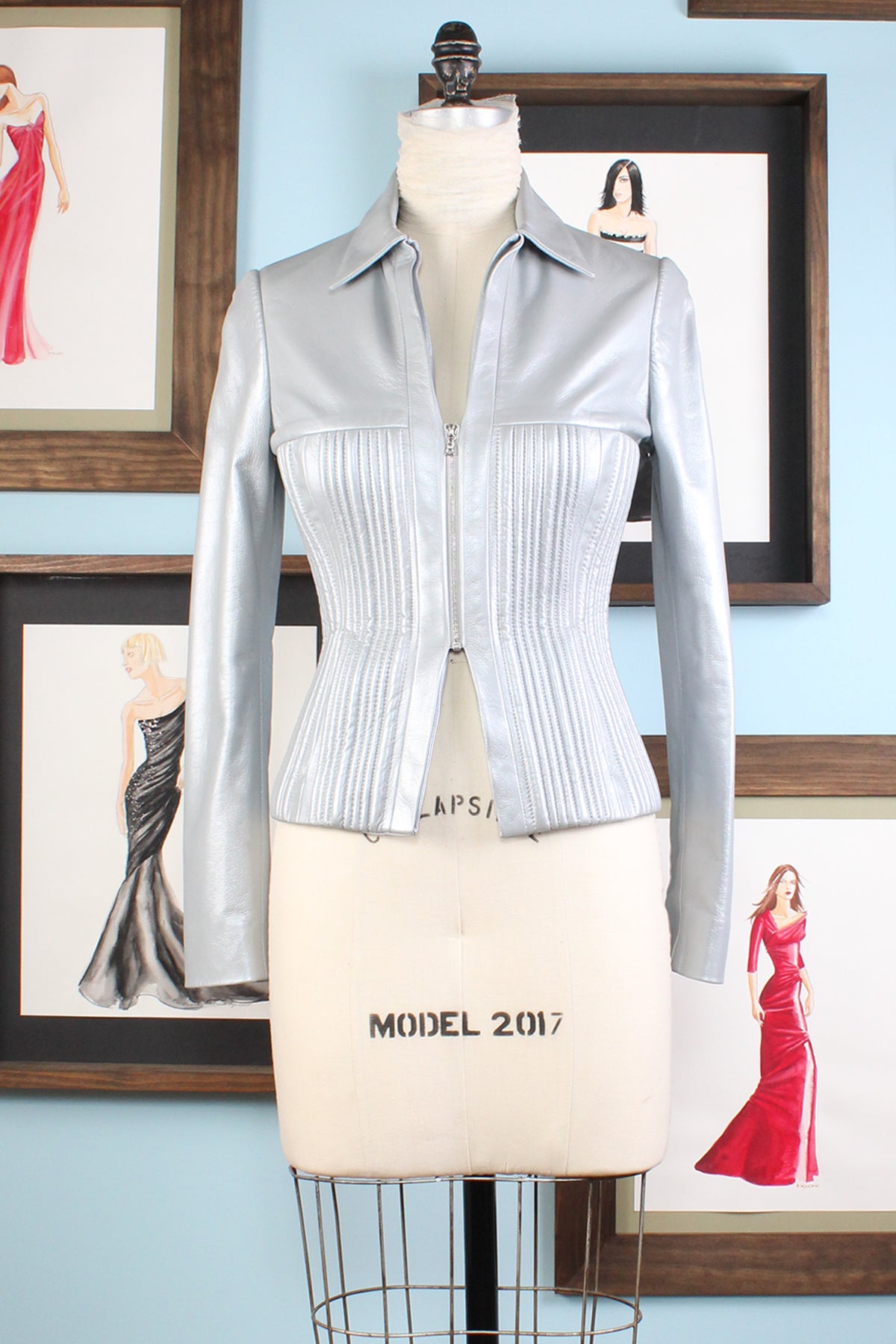 silver gray seamed leather jacket by designer german valdivia