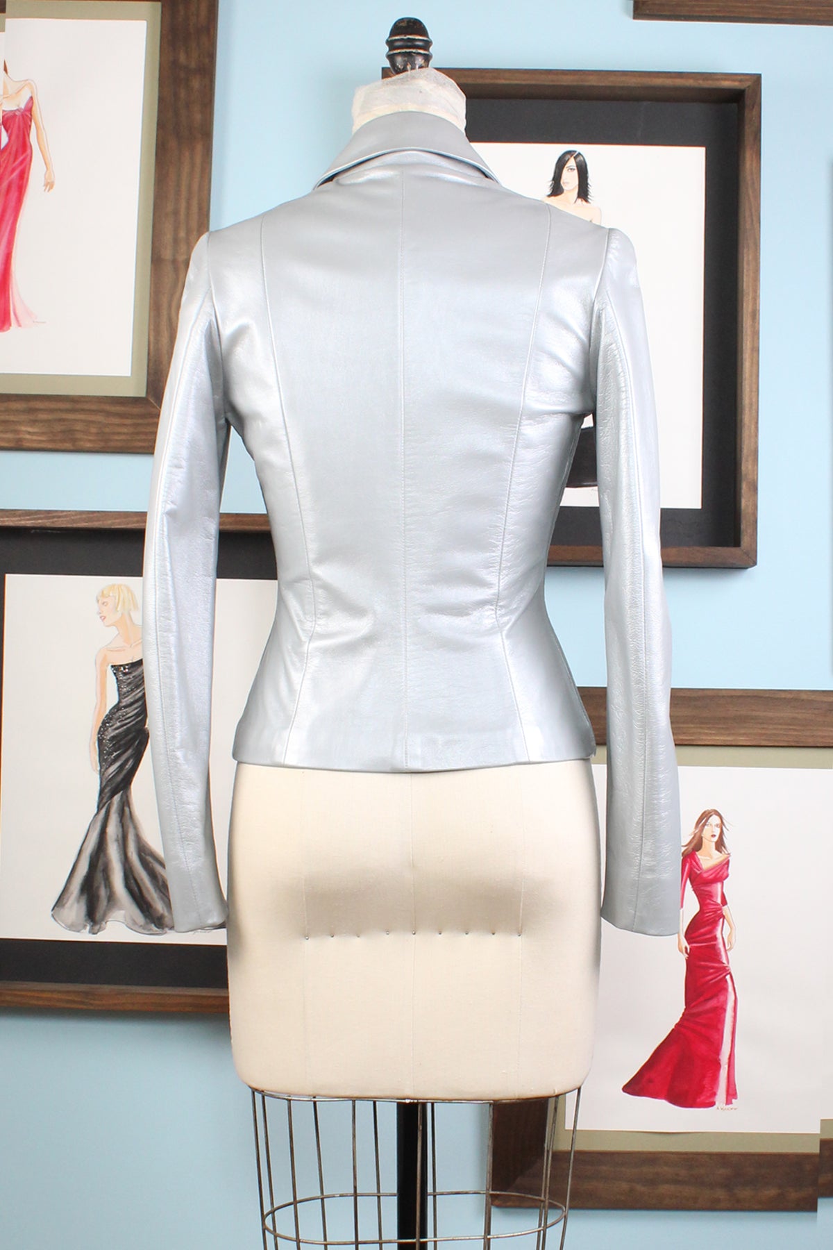 silver gray seamed leather jacket by designer german valdivia