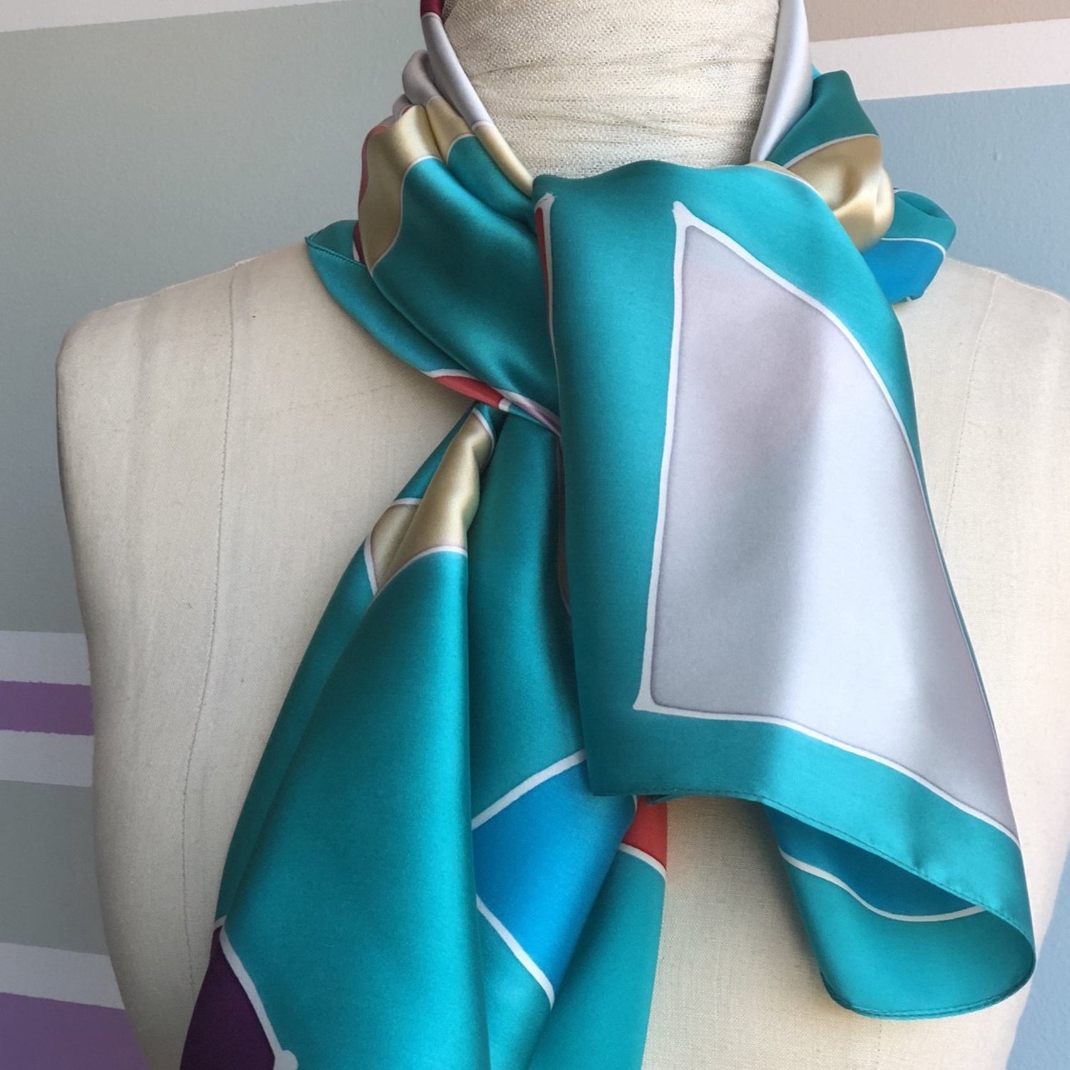 Silk scarf aqua grey gold blue