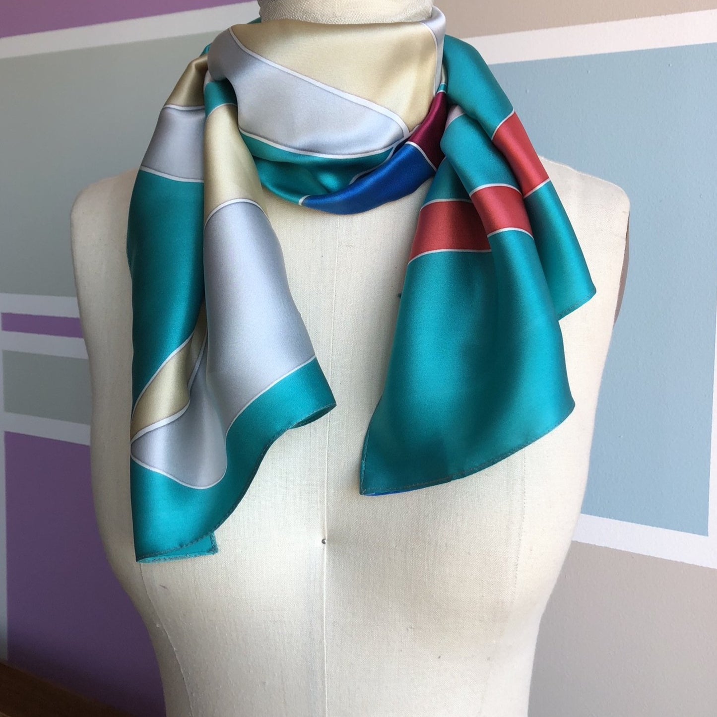 Silk scarf aqua grey blue gold by designer German Valdivia 