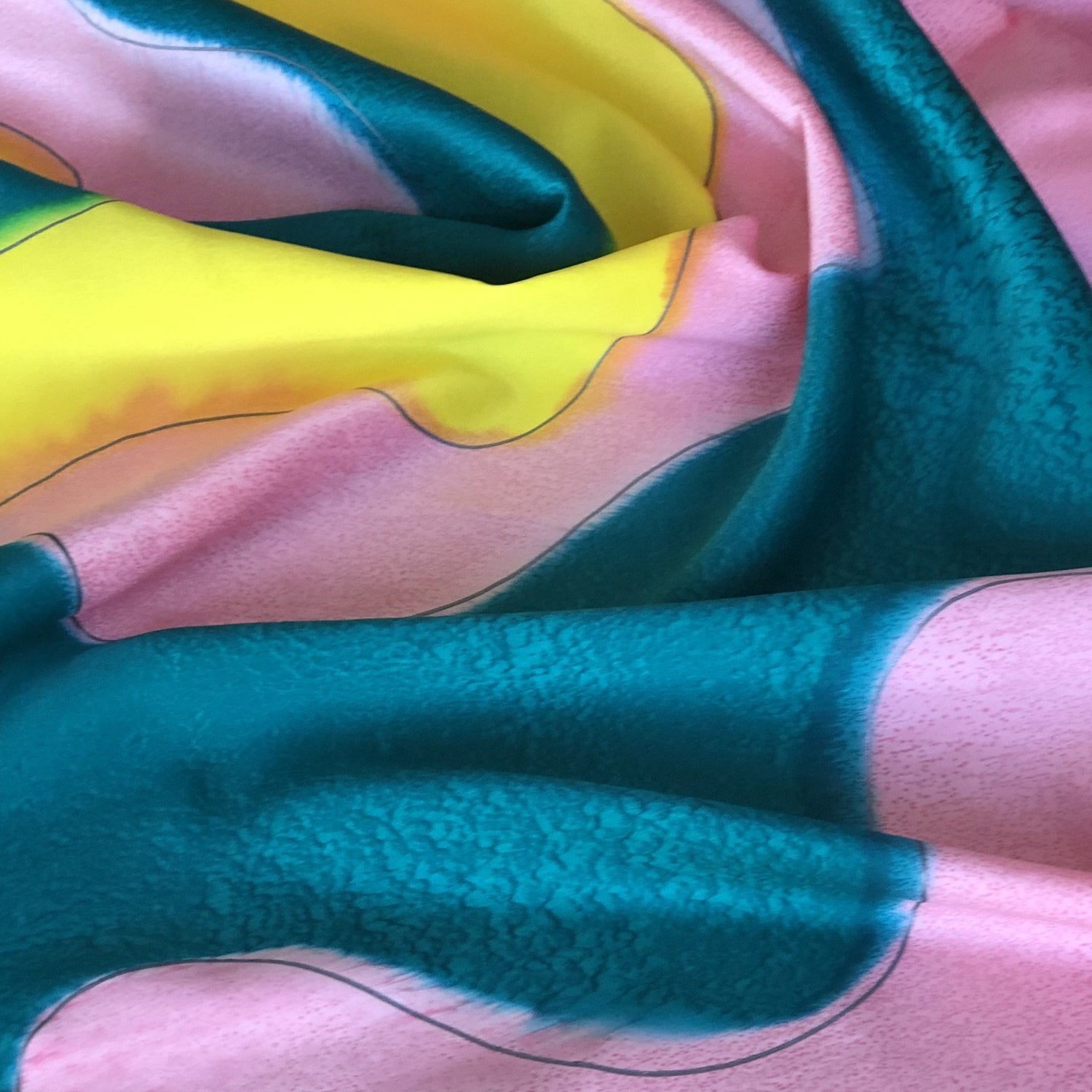 silk scarf yellow teal pink by designer German Valdivia