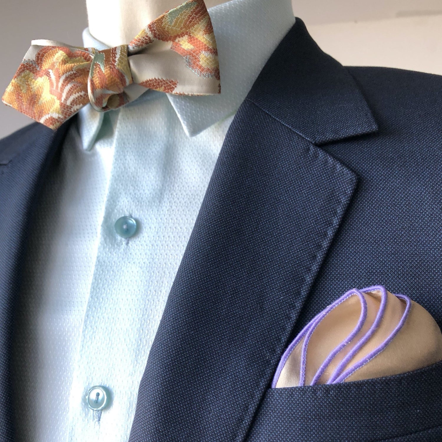 Blush Gold and Pewter Diamond Tip Bow Tie with Pewter Pocket Square by German Valdivia 