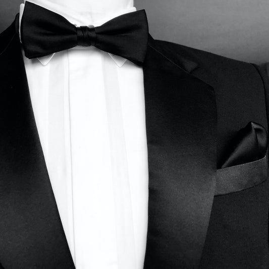Black Silk Bowtie with Black Silk Pocket Square by designer German Valdivia