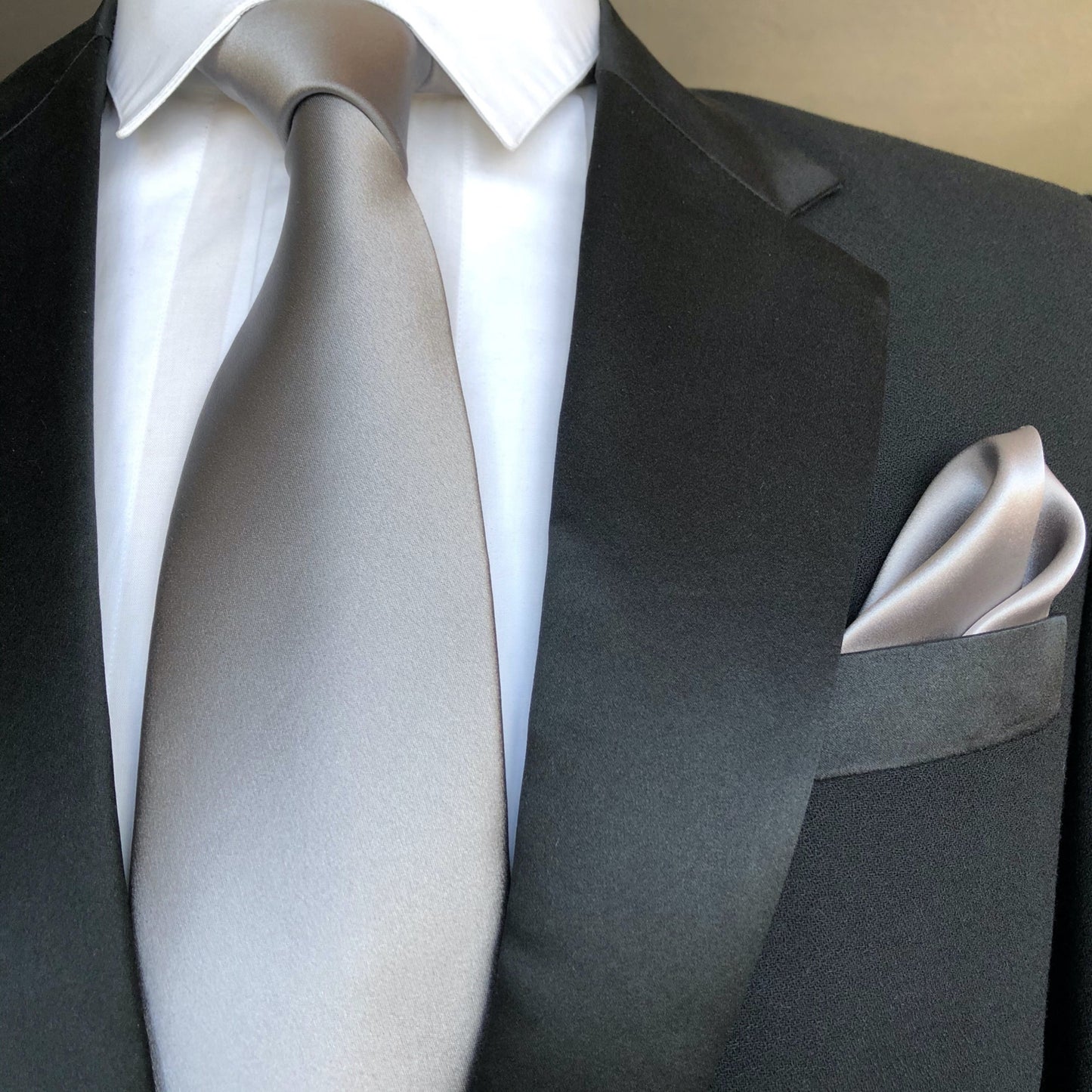 Light Gray silk tie with light gray silk pocket square