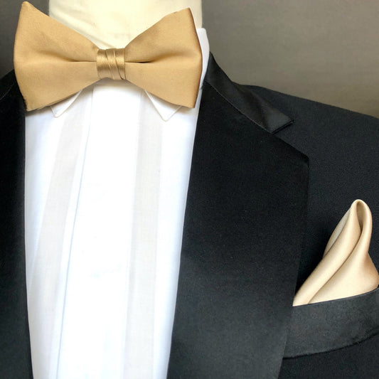 Gold silk pre tied bow tie with gold silk pocket square by German Valdivia 