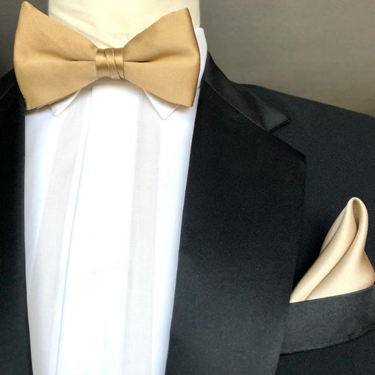 Gold silk pre tied bow tie with gold silk pocket square by German Valdivia
