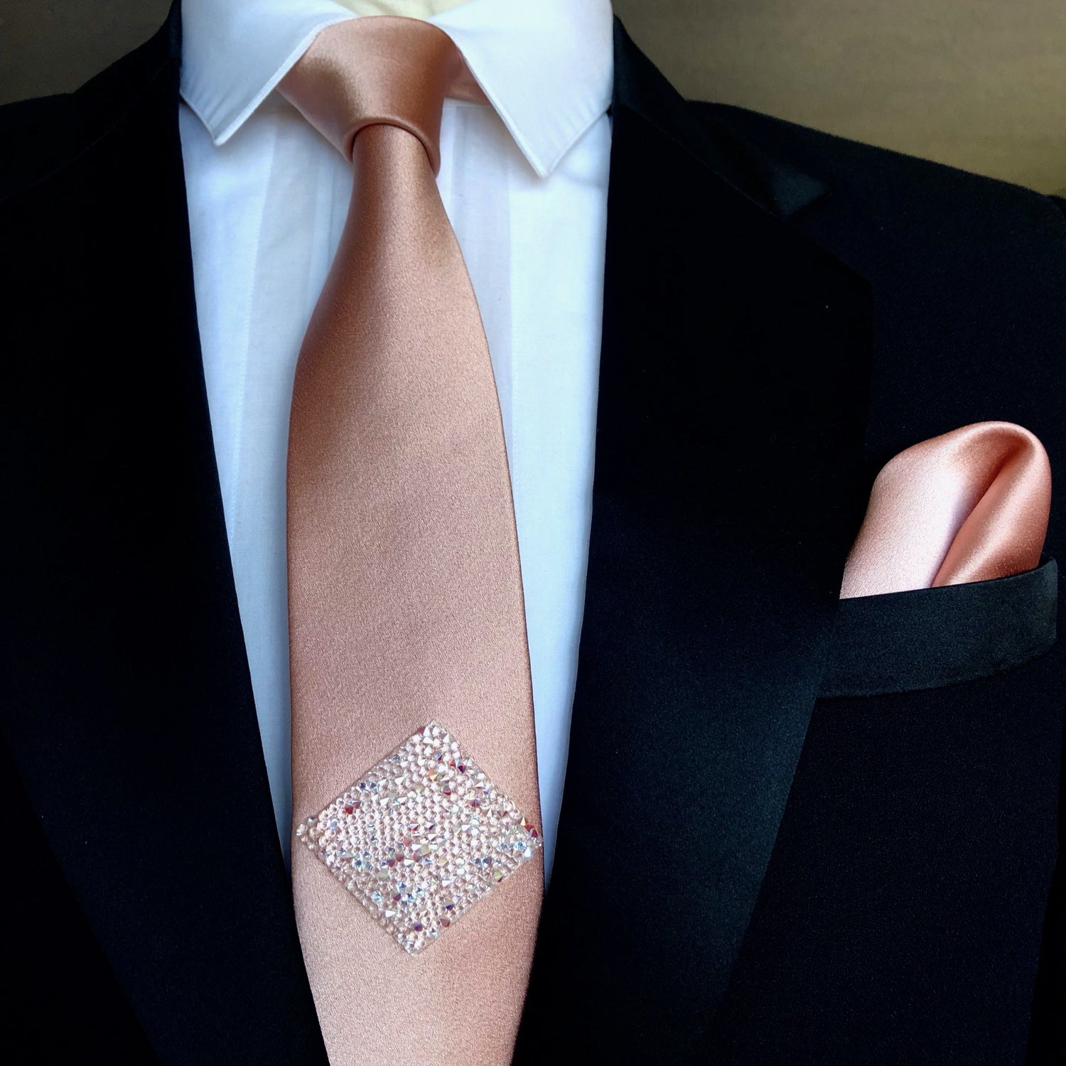 Rose Gold Skinny Silk Tie with Swarovski  Crystals with Gold Rose Silk Pocket Square 