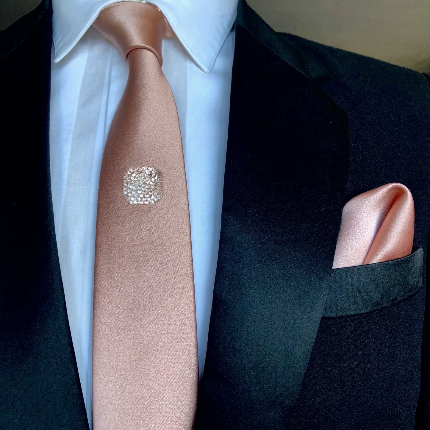 Rose Gold Skinny silk Tie with Swarovski crystals with Rose Gold  Silk Pocket Square