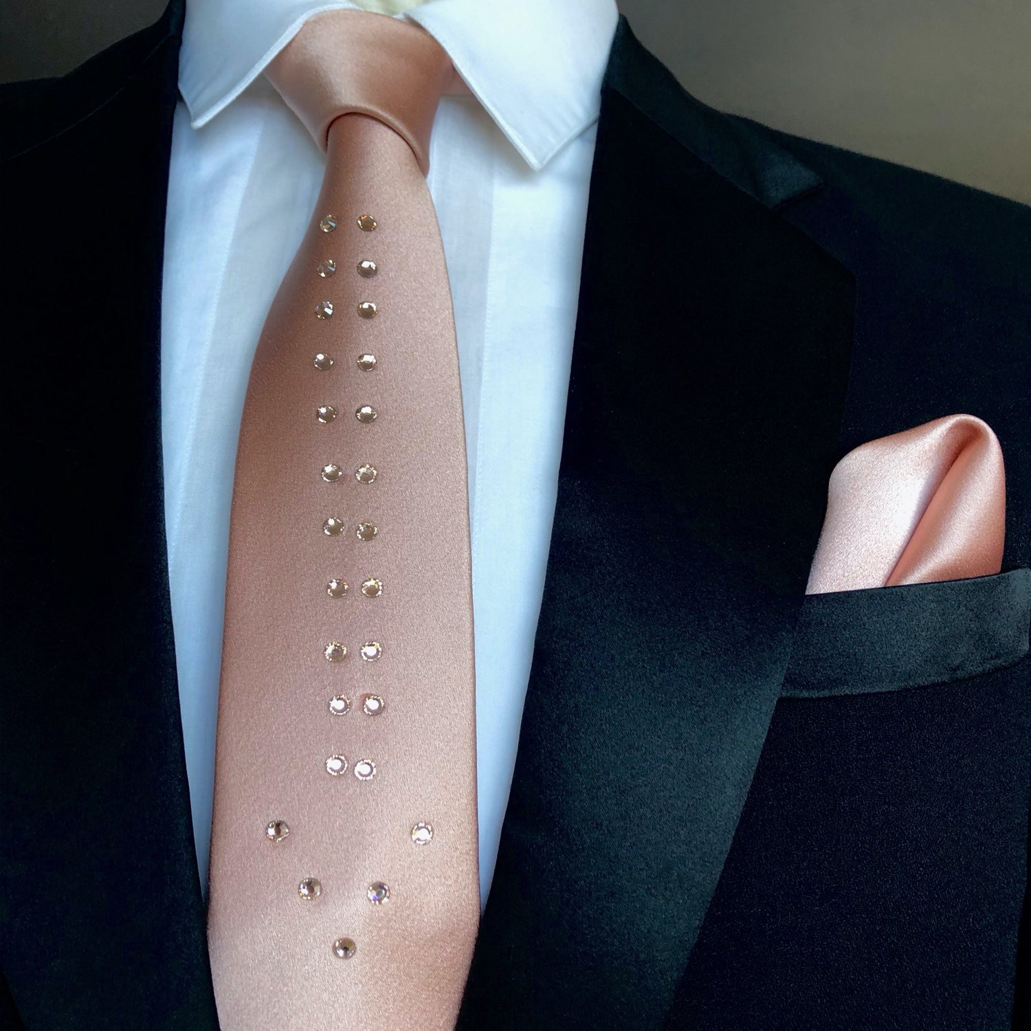 Rose Gold  Skinny Tie with Swarovski Crystals  with a Rose Gold  Silk Pocket Square