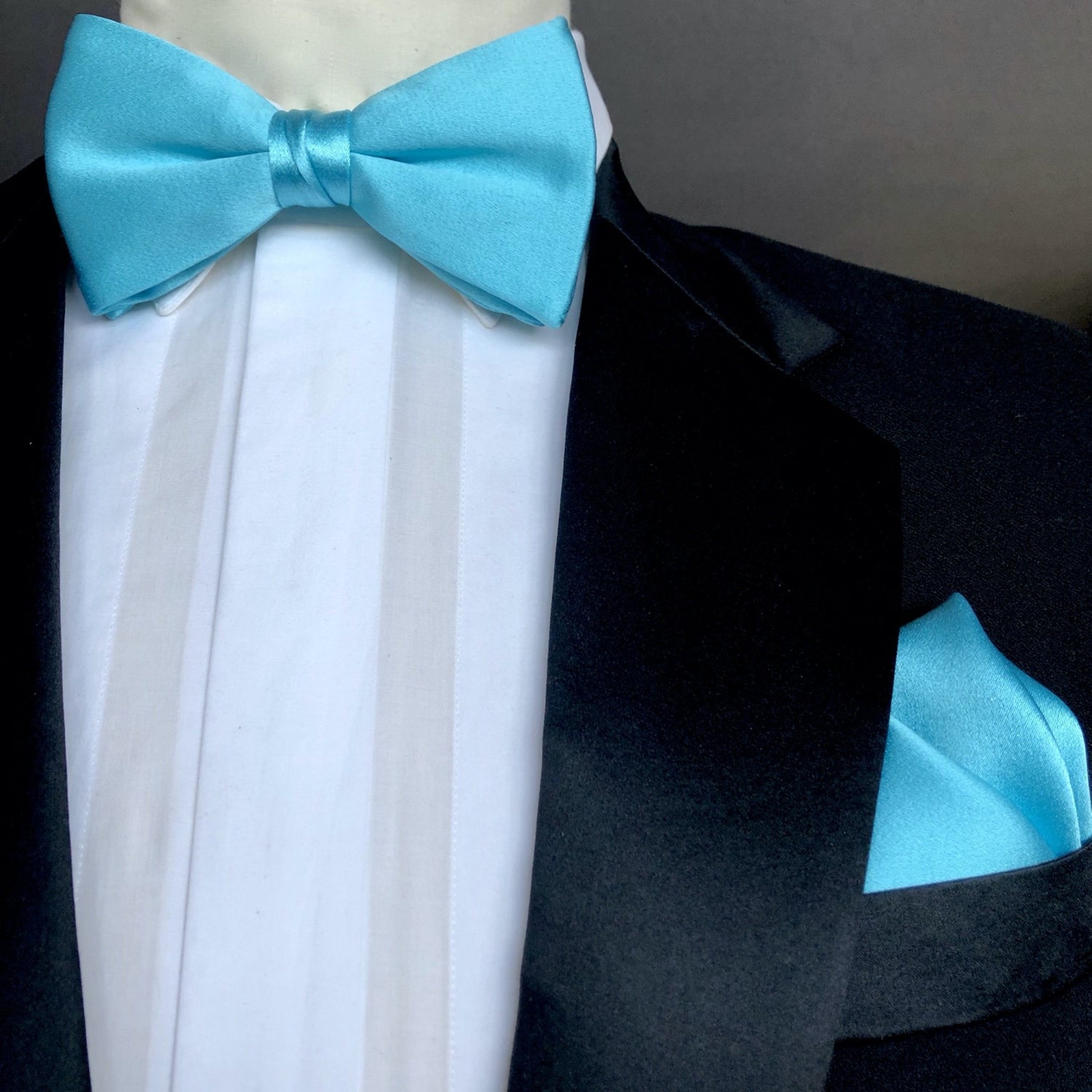Turquoise Silk Pre Tied Bow Tie with Turquoise Silk Pocket Square