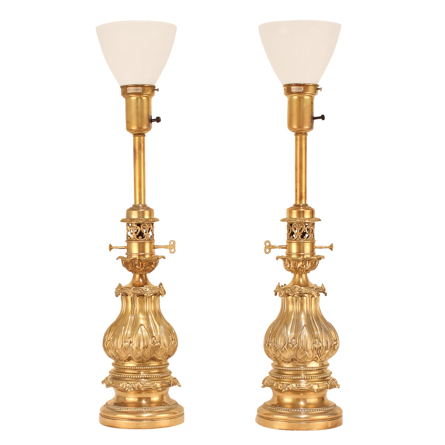 Pair Vintage Stiffel Brass Candlestick Style Table Lamps