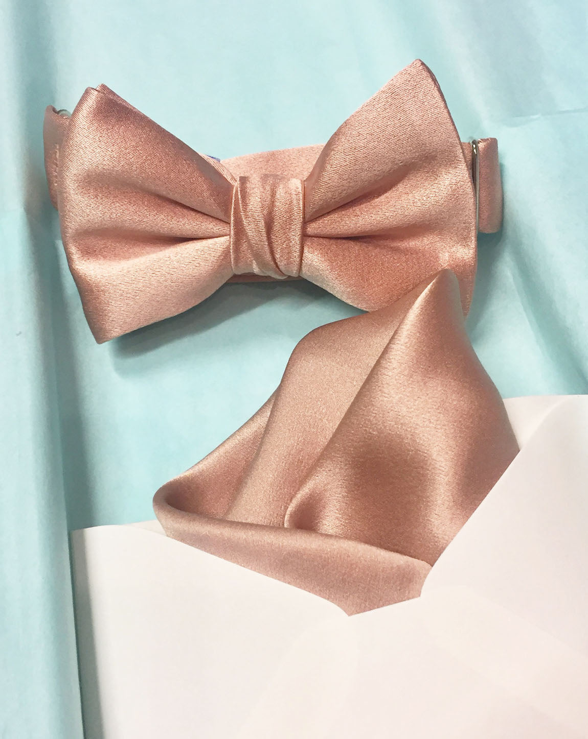 rose gold bowtie and rose gold pocket square